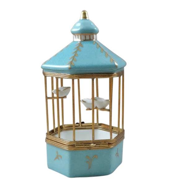 Pastel Blue Bird Cage with 3 Gold Birds Limoges Box, view 4