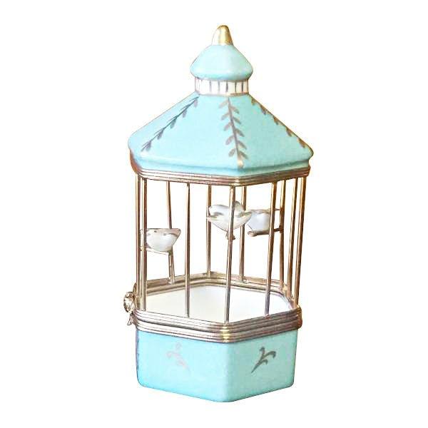 Pastel Blue Bird Cage with 3 Gold Birds Limoges Box, view 5