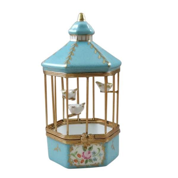 Pastel Blue Bird Cage with 3 Gold Birds Limoges Box, a hand-painted Limoges porcelain gift