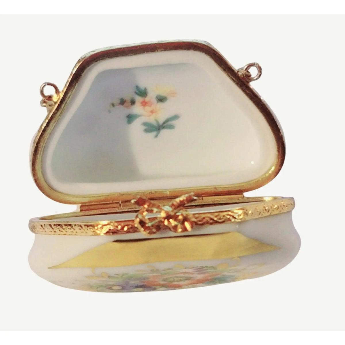 Artisan-painted Renhausse Main Antique Flowers Pastel Purse Limoges box from France, a cherished collectible