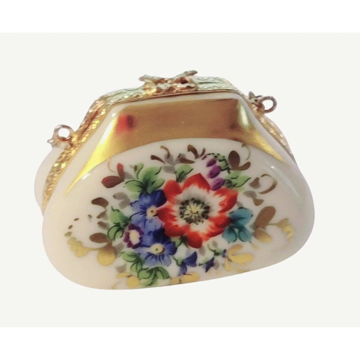 The painter's artistry shows on this Renhausse Main Antique Flowers Pastel Purse Limoges box