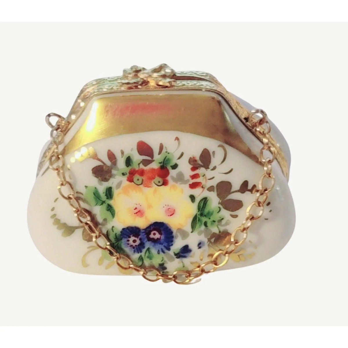 Authentic Renhausse Main Antique Flowers Pastel Purse Limoges box, hand-painted in France, from Limoges Boutique