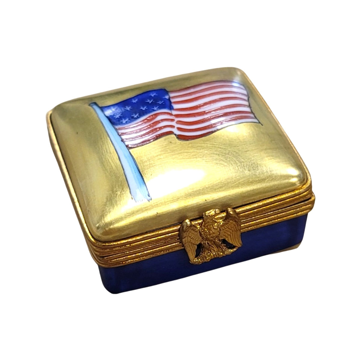 Square Patriotic American Flag United States Limoges Box, a hand-painted Limoges porcelain gift