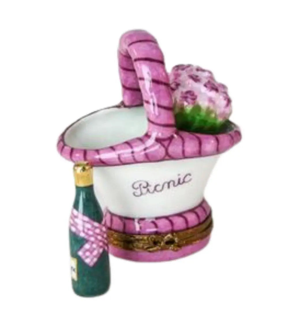 Limoges Boutique presents the Picnic Basket Flowers Champagne, a genuine Limoges box painted by hand in France