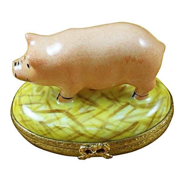 Pig on Straw Limoges Box for Animal Lovers, a hand-painted Limoges porcelain gift