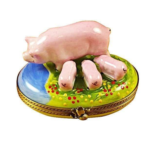Pig with Three Babies Limoges Box, a hand-painted Limoges porcelain gift