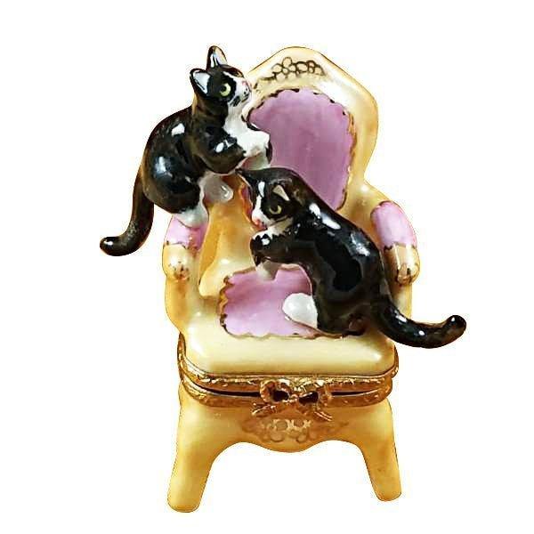 Authentic Rochard Pink Armchair With Two Cats Limoges box, hand-painted in France, from Limoges Boutique
