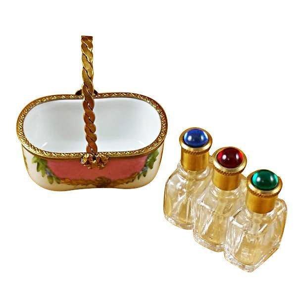 Pink Basket with Three Bottles Limoges box painted by hand in Limoges, France, a gift to treasure