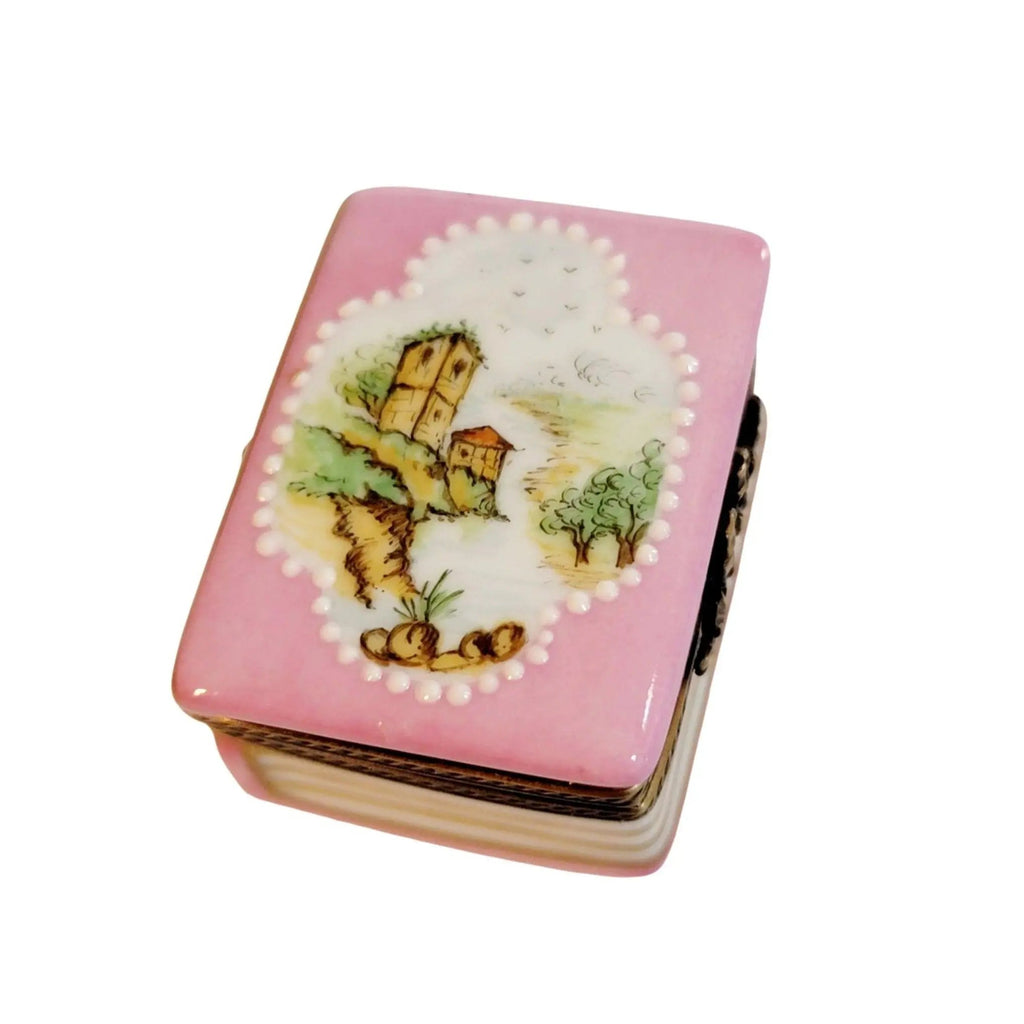 Pink French Castle Book Limoges Box Figurine Limoges, a hand-painted Limoges porcelain gift