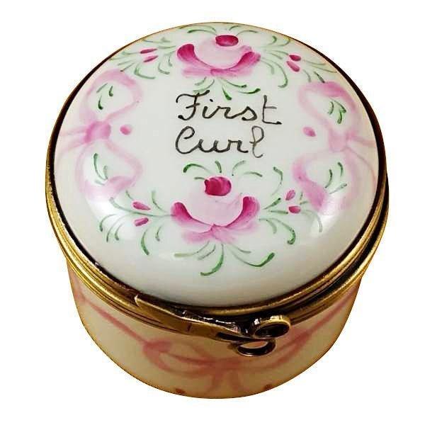 Pink First Curl Limoges Box Keepsake, a hand-painted Limoges porcelain gift