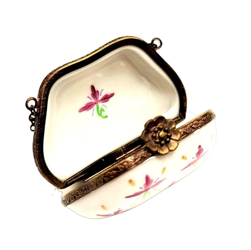 Pink Flowers White Special Antiqued Brass Limoges Box, view 2