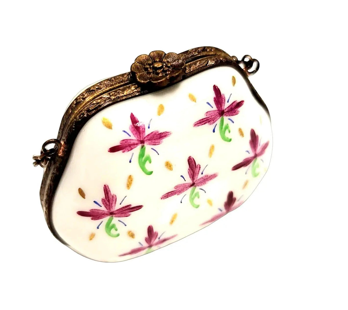 Pink Flowers White Special Antiqued Brass Limoges Box, a hand-painted Limoges porcelain gift