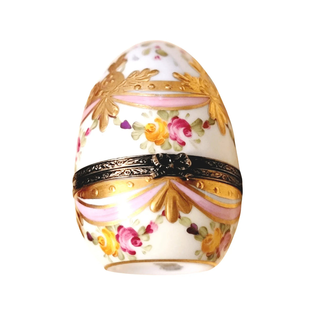 Authentic Pink Egg with Gold Ribbons Limoges box, hand-painted in France, from Limoges Boutique