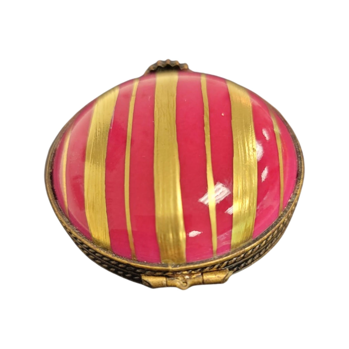 Pink Flat Round Gold Stripped Limoges Porcelain Box, view 4