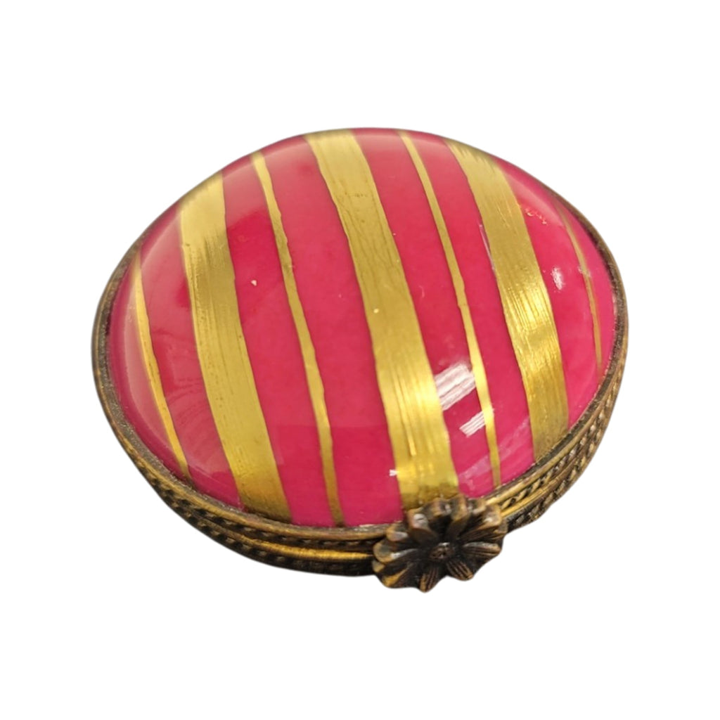 Pink Flat Round Gold Stripped Limoges Porcelain Box, a hand-painted Limoges porcelain gift