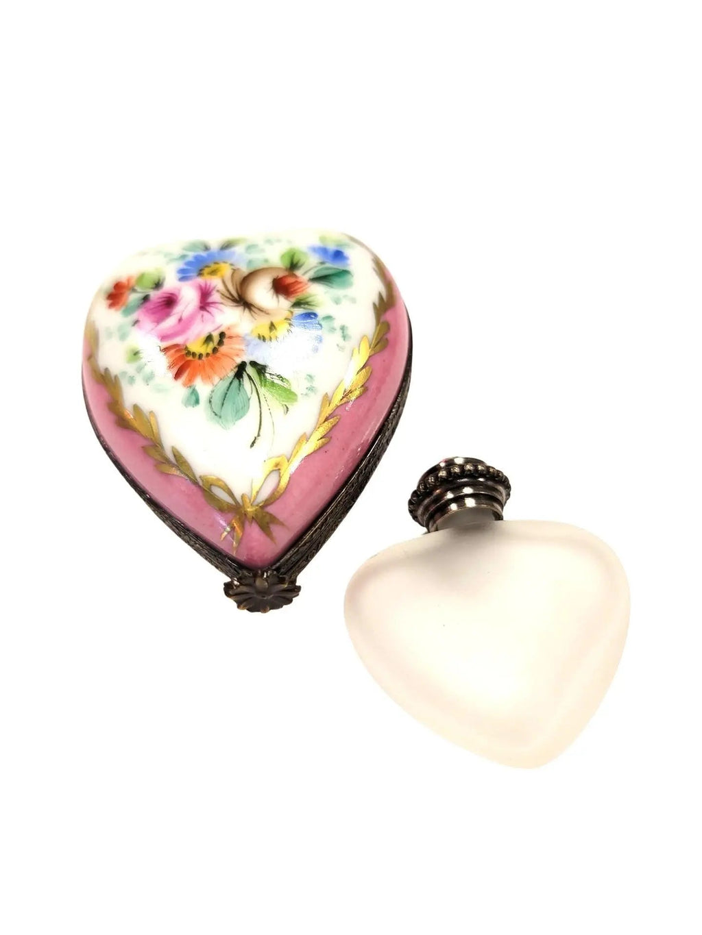Pink Heart Perfume Bottle Inside Box, a hand-painted Limoges porcelain gift