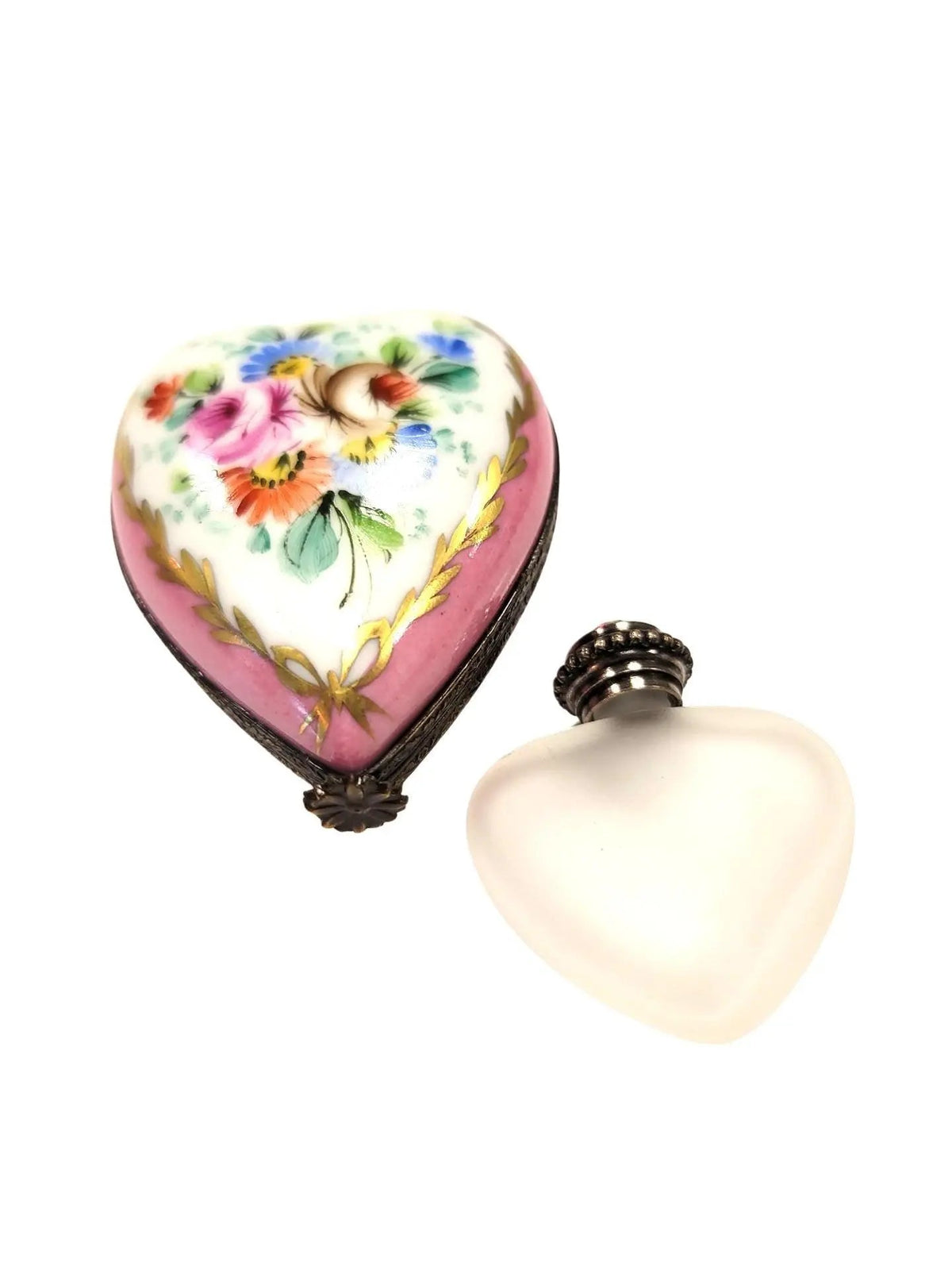 Authentic Pink Heart Perfume Bottle Inside Limoges box, hand-painted in France, from Limoges Boutique