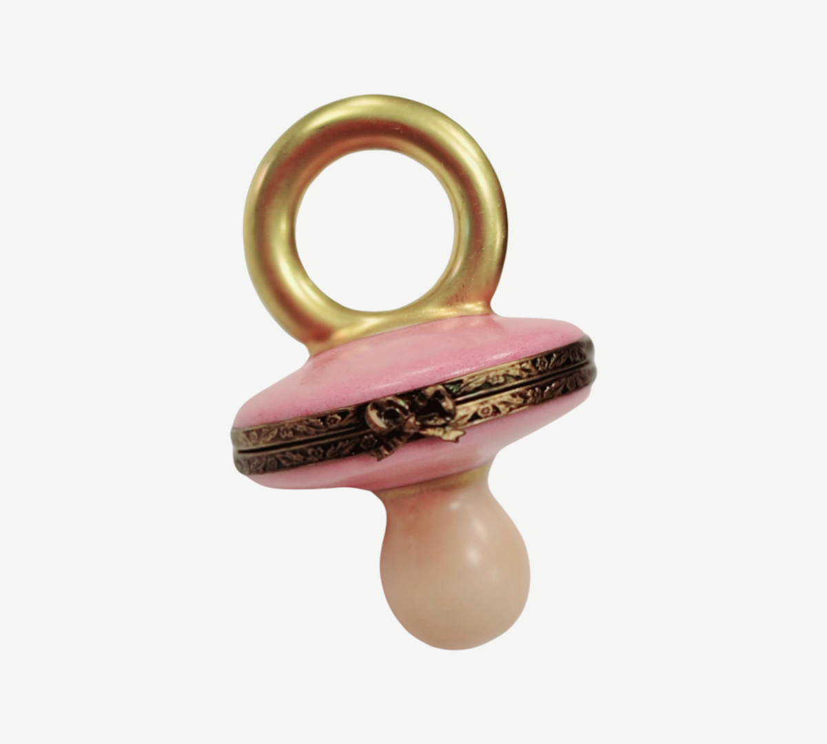 Painted details on the Pink Baby Pacifier Limoges box, French art in miniature