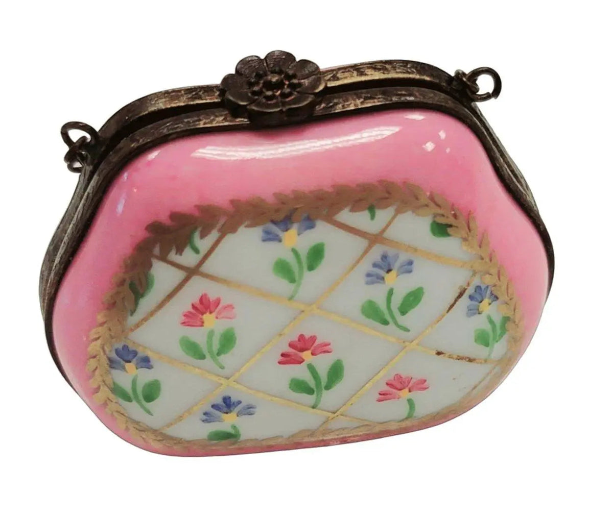 Pink Purse Flowers Limoges Box Special Antiqued Brass, a hand-painted Limoges porcelain gift