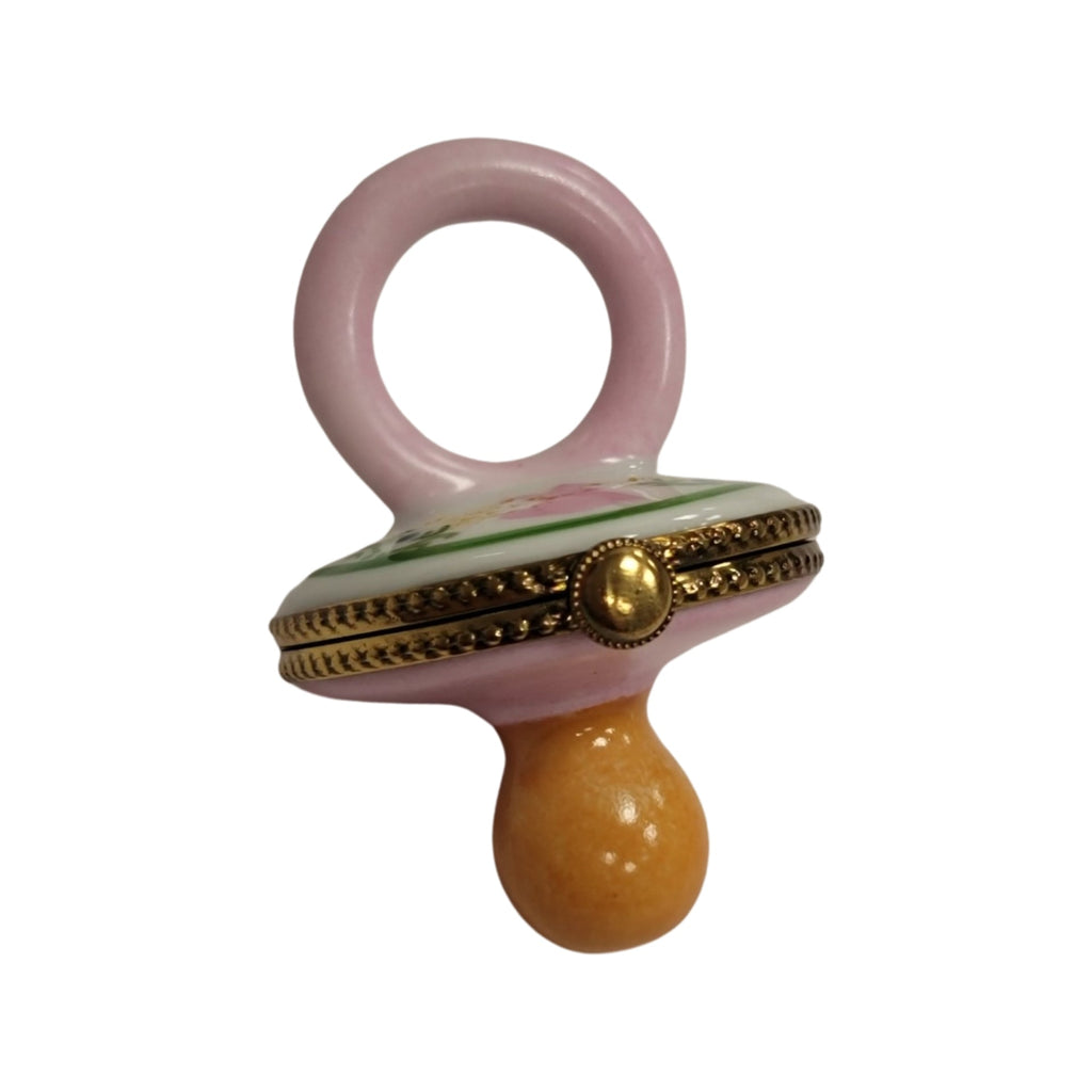 Hand-painted Pink Pacifier with Rabbits Limoges box, French artistry for lovers of fine art