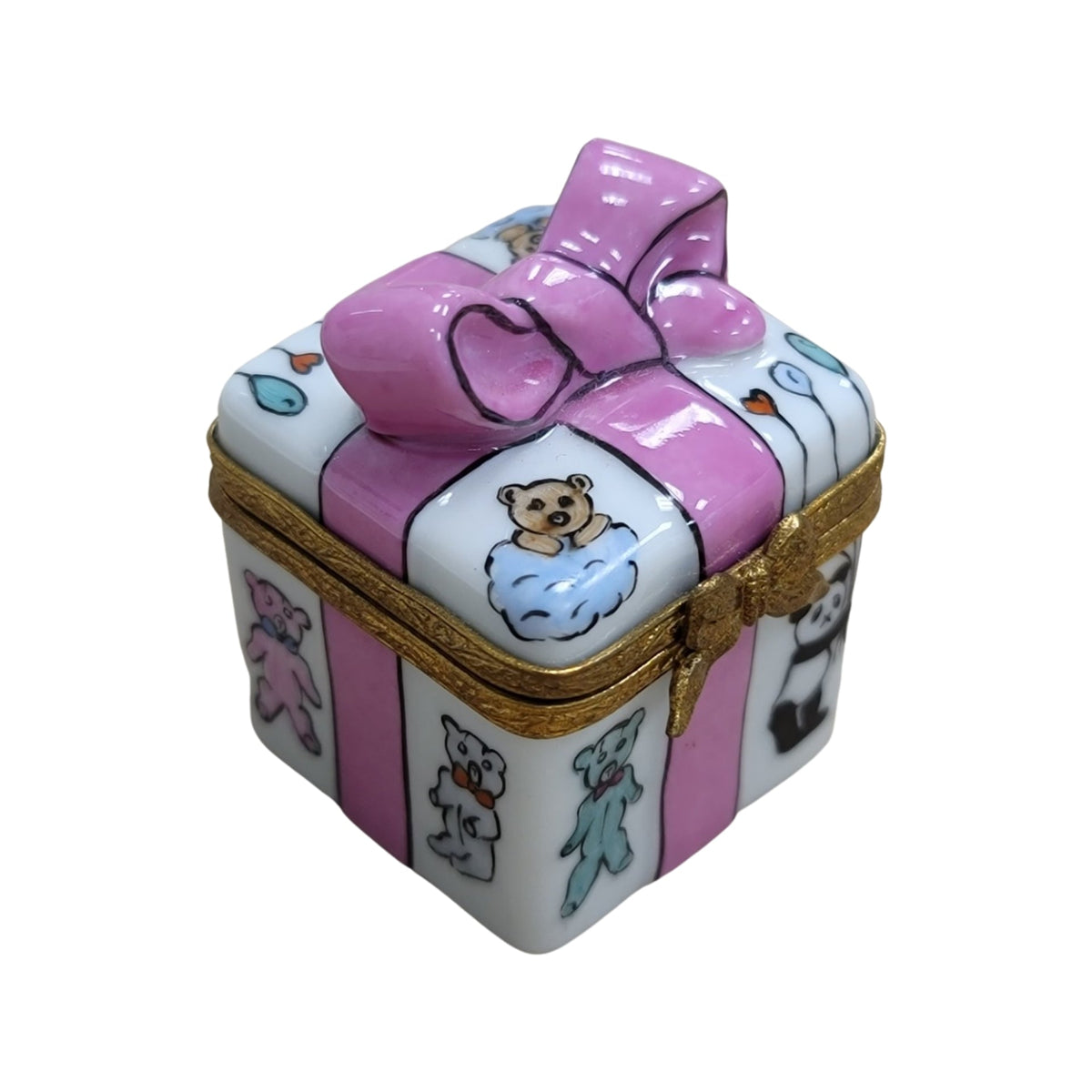 Limoges Boutique presents the Pink Ribbon Present Baby, a genuine Limoges box painted by hand in France