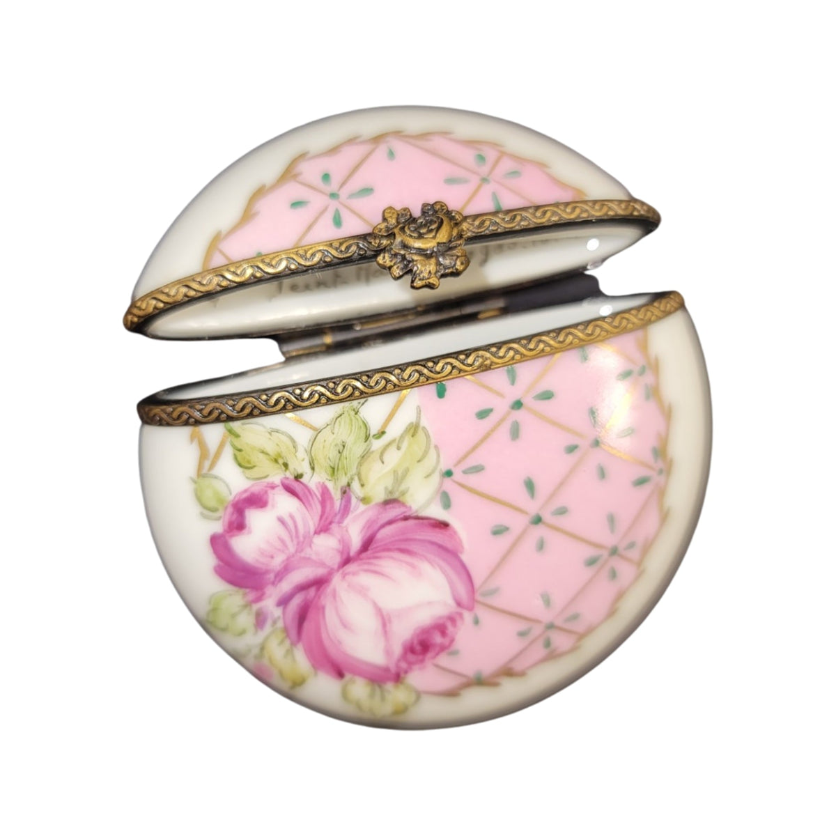 Pink W Roses Flat Round Limoges Porcelain Box, view 2