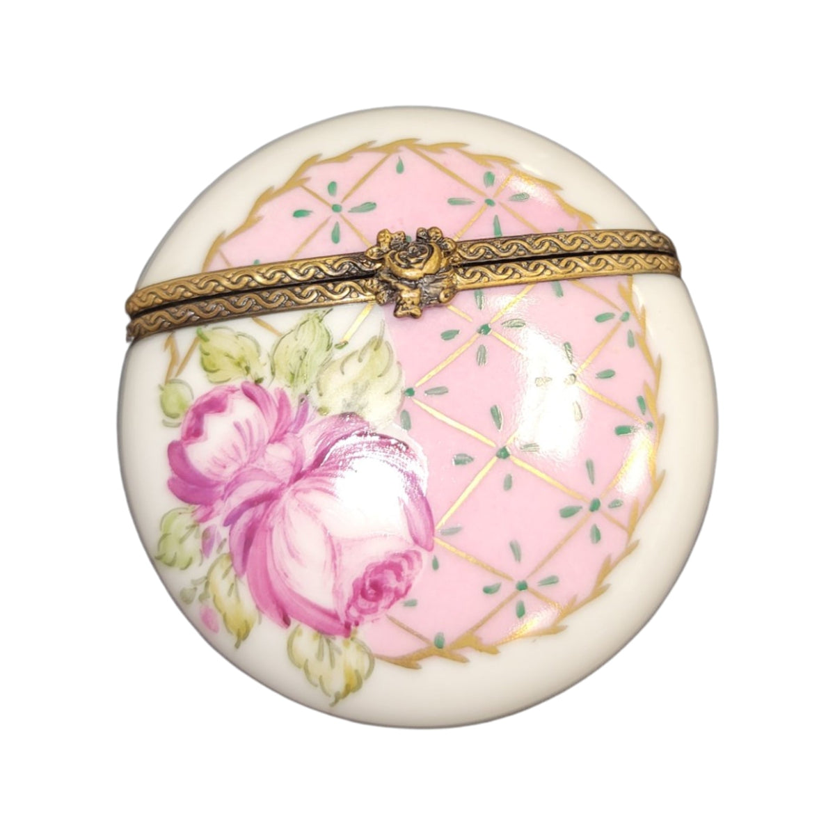 Pink W Roses Flat Round Limoges Porcelain Box, view 3