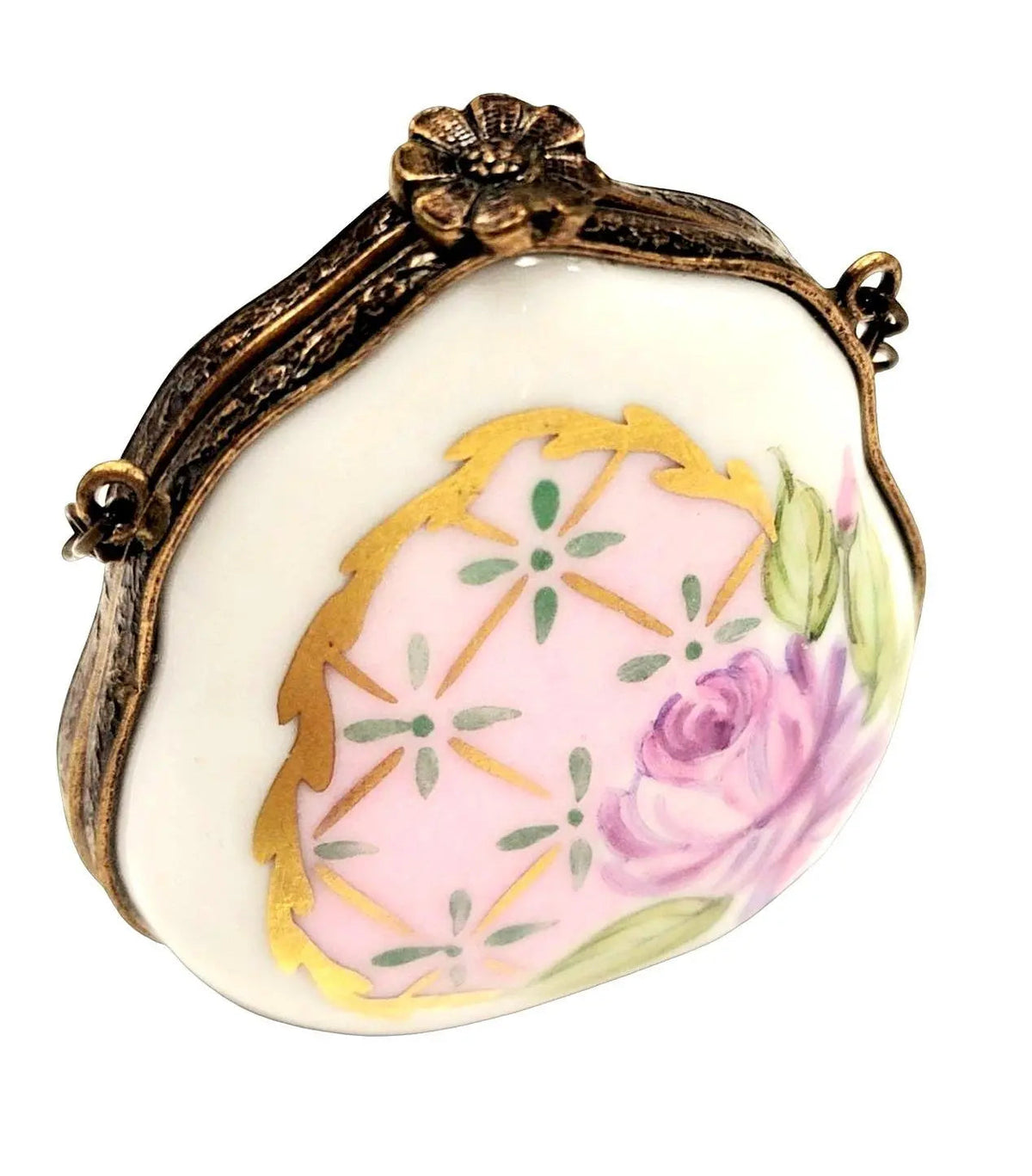 Purse Pink Rose W Special Antiqued Brass Limoges Box, a hand-painted Limoges porcelain gift