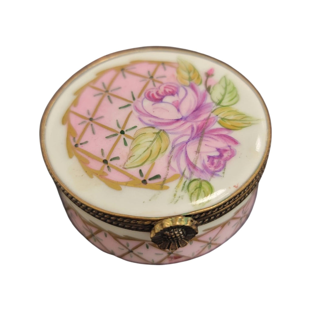Pink Roses Round Limoges Porcelain Box, a hand-painted Limoges porcelain gift