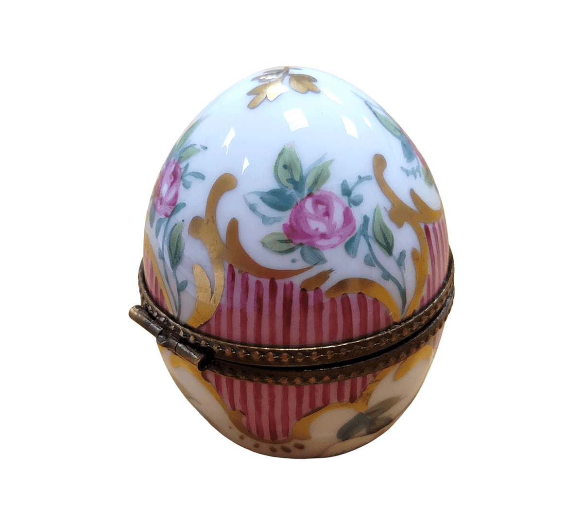 Treasured French collectible: Pink Stripped Egg Perfume Limoges box, painted by hand