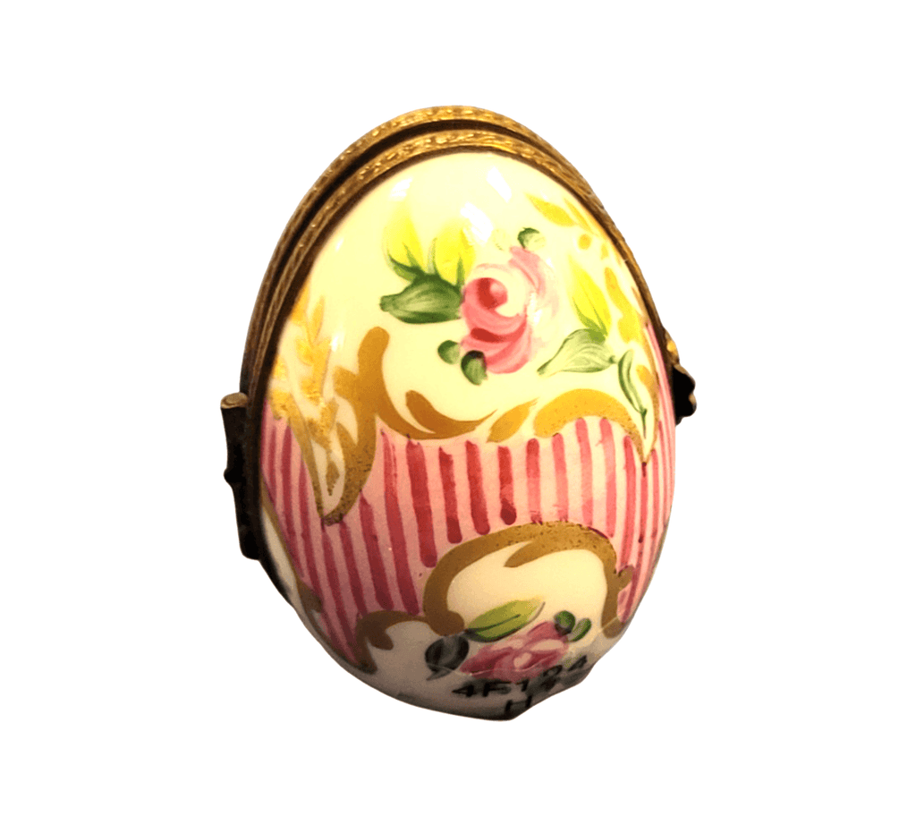 Fine French craftsmanship on the Pink Stripes Oval Picture Frame Vert Inside Limoges box, painted by hand