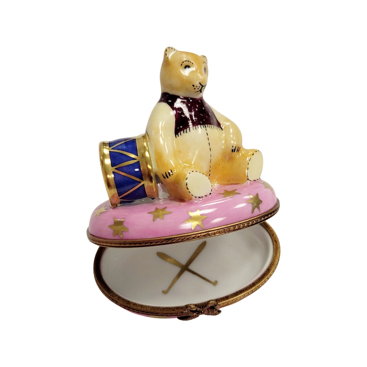Fine art lovers will admire this Pink Teddy Bear with Drum Limoges box