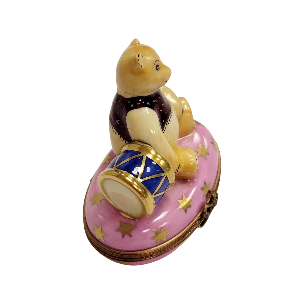 Hand-painted Pink Teddy Bear with Drum Limoges box, French artistry for lovers of fine art