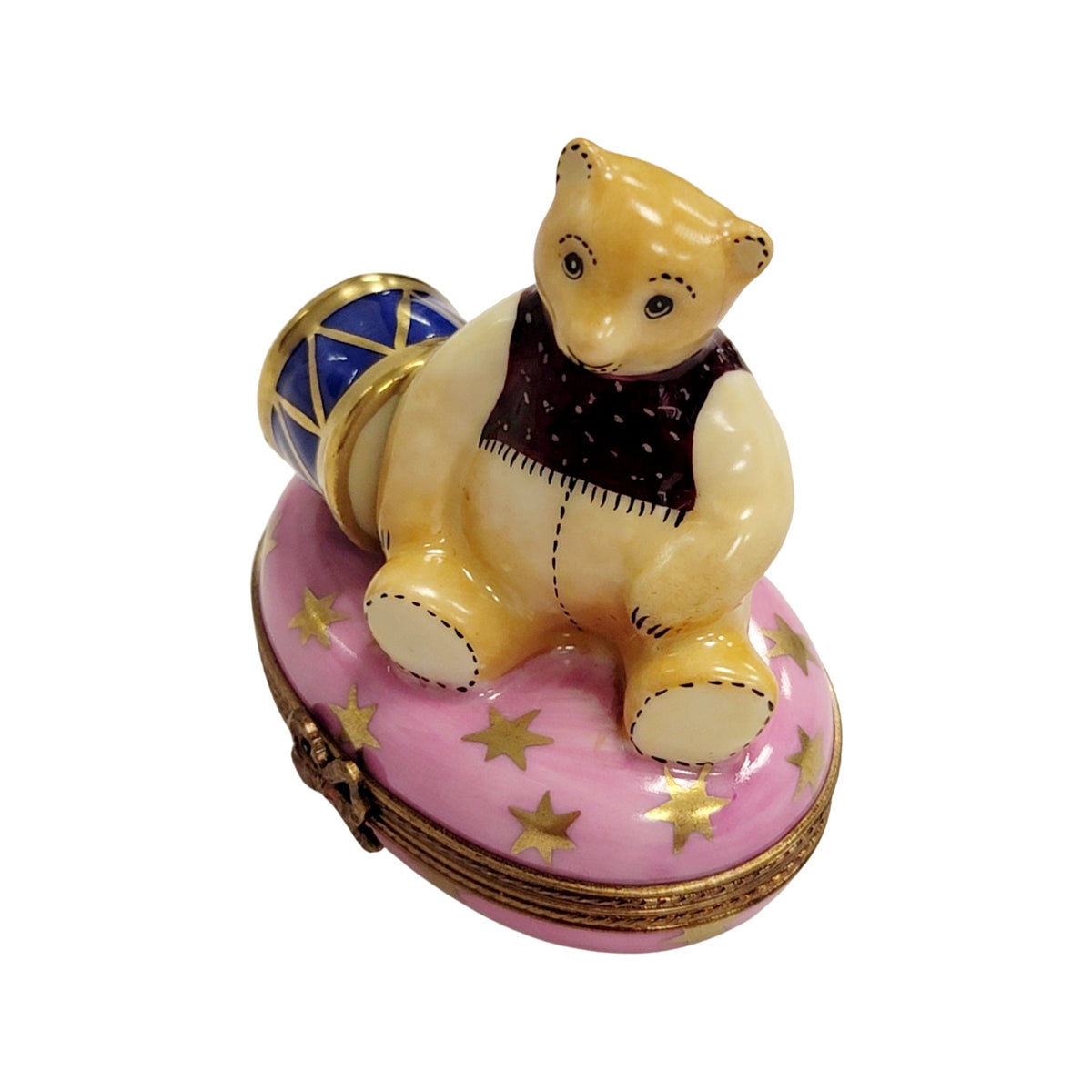 Pink Teddy Bear with Drum Limoges box painted by hand in Limoges, France, a gift to treasure