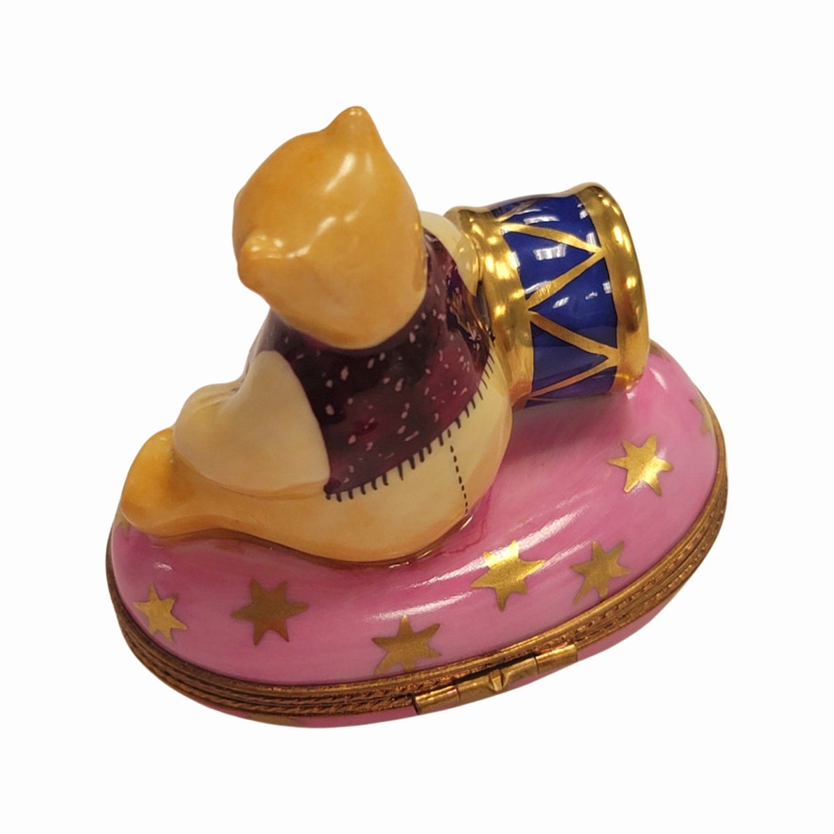 Collectible Pink Teddy Bear with Drum Limoges box with artisan brushwork
