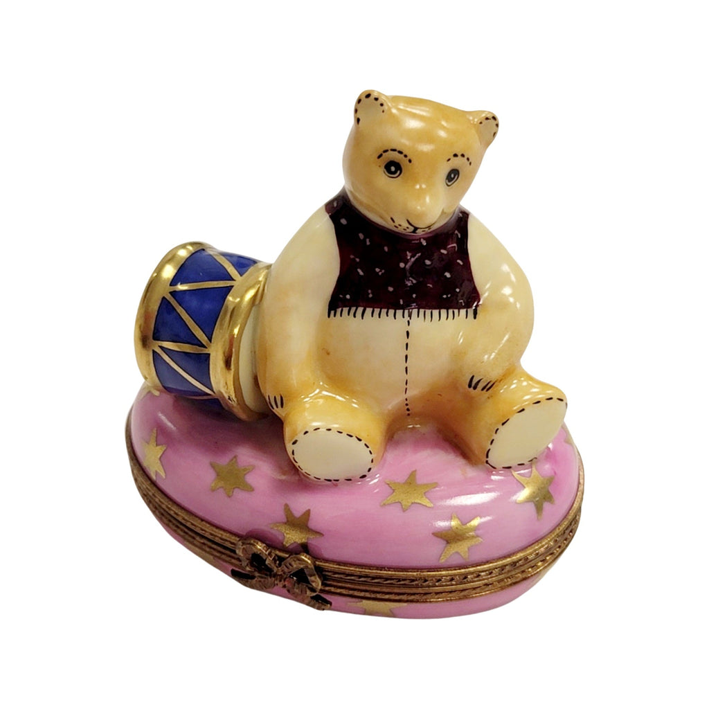 Genuine Pink Teddy Bear with Drum Limoges box painted by hand in France, from Limoges Boutique