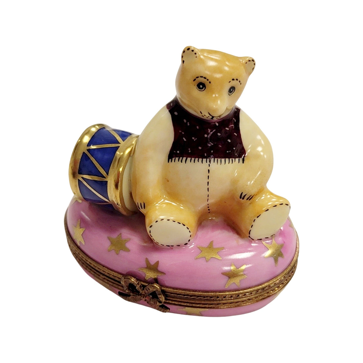 Genuine Pink Teddy Bear with Drum Limoges box painted by hand in France, from Limoges Boutique