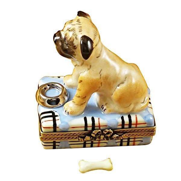 Artisan-painted Pug with Spilt Water & Removable Bone Limoges box from France, a cherished collectible