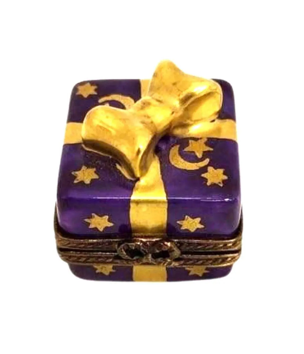 Purple Mini Moon Stars Present Limoges Box with Gold Bow, a hand-painted Limoges porcelain gift