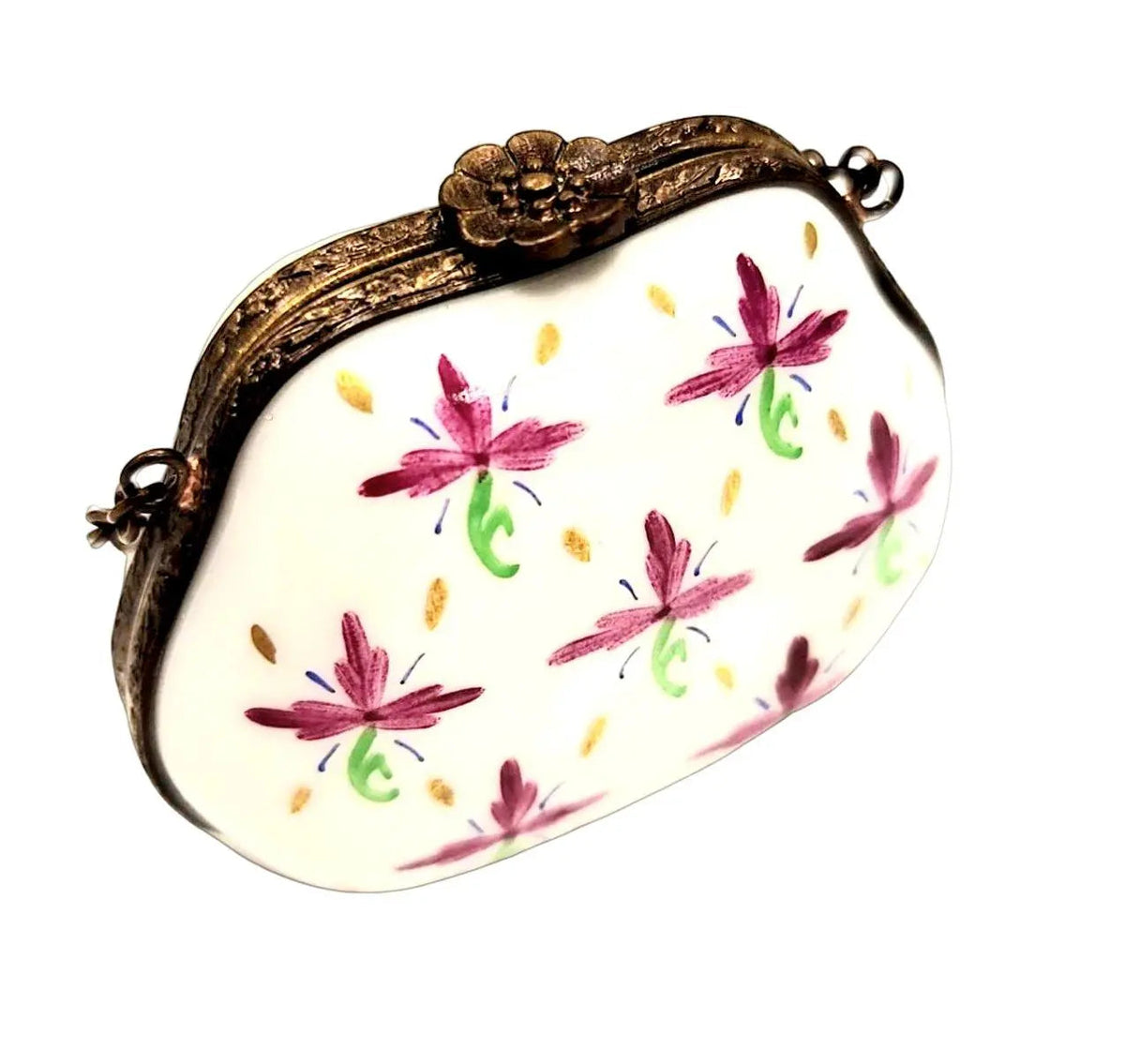 Purple Green Flowers Special Purse, HandPainted Brass, a hand-painted Limoges porcelain gift