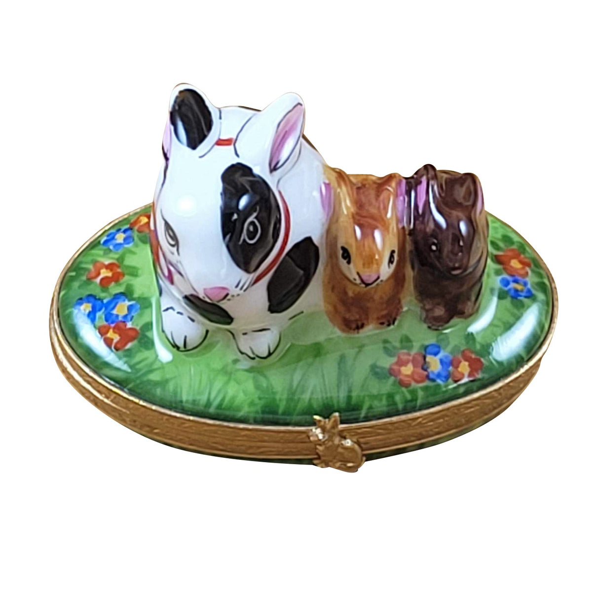Funny Rabbit with Babies on Spring Flowers Limoges Box, a hand-painted Limoges porcelain gift