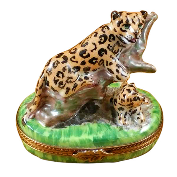 Panther with Baby Limoges Box for Wildlife Lovers, a hand-painted Limoges porcelain gift