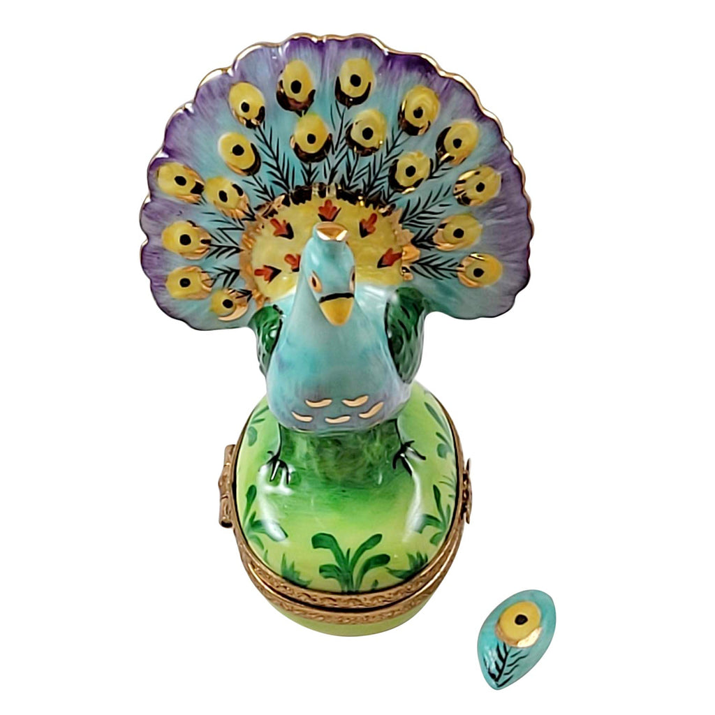 Peacock w Feather Limoges Box, a hand-painted Limoges porcelain gift