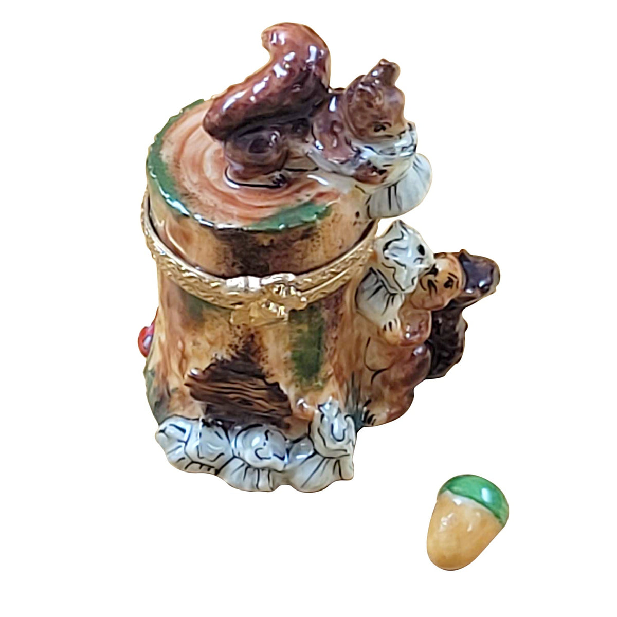 Squirrel on Log with Acorn Limoges Box, a hand-painted Limoges porcelain gift