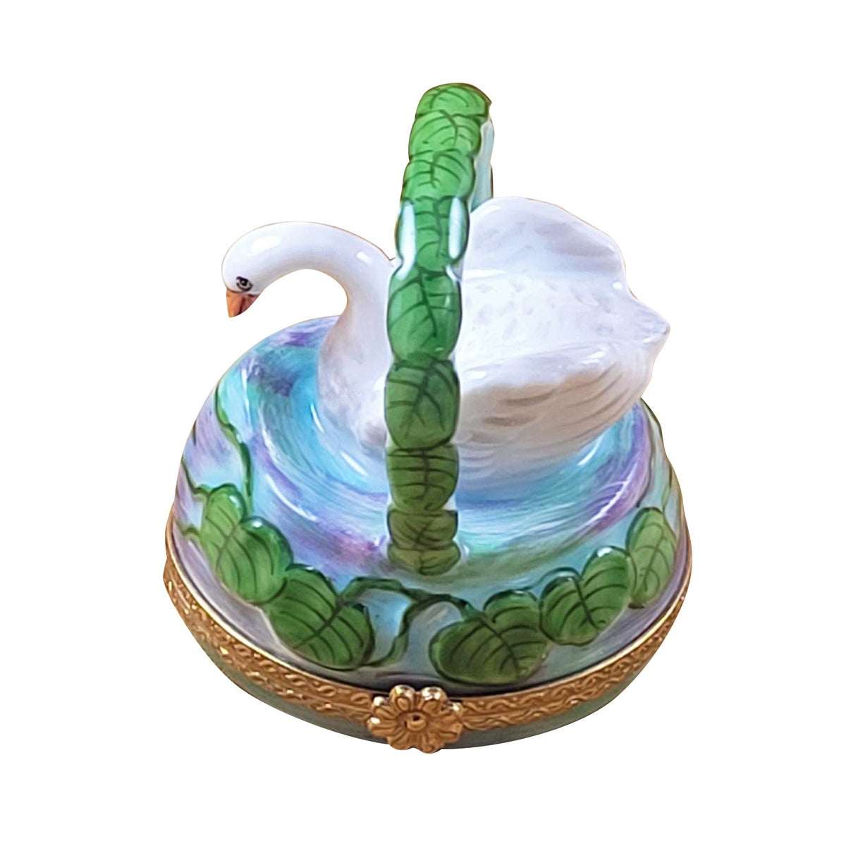 Monet White Swan in Basket Water Lilies Limoges Box, a hand-painted Limoges porcelain gift