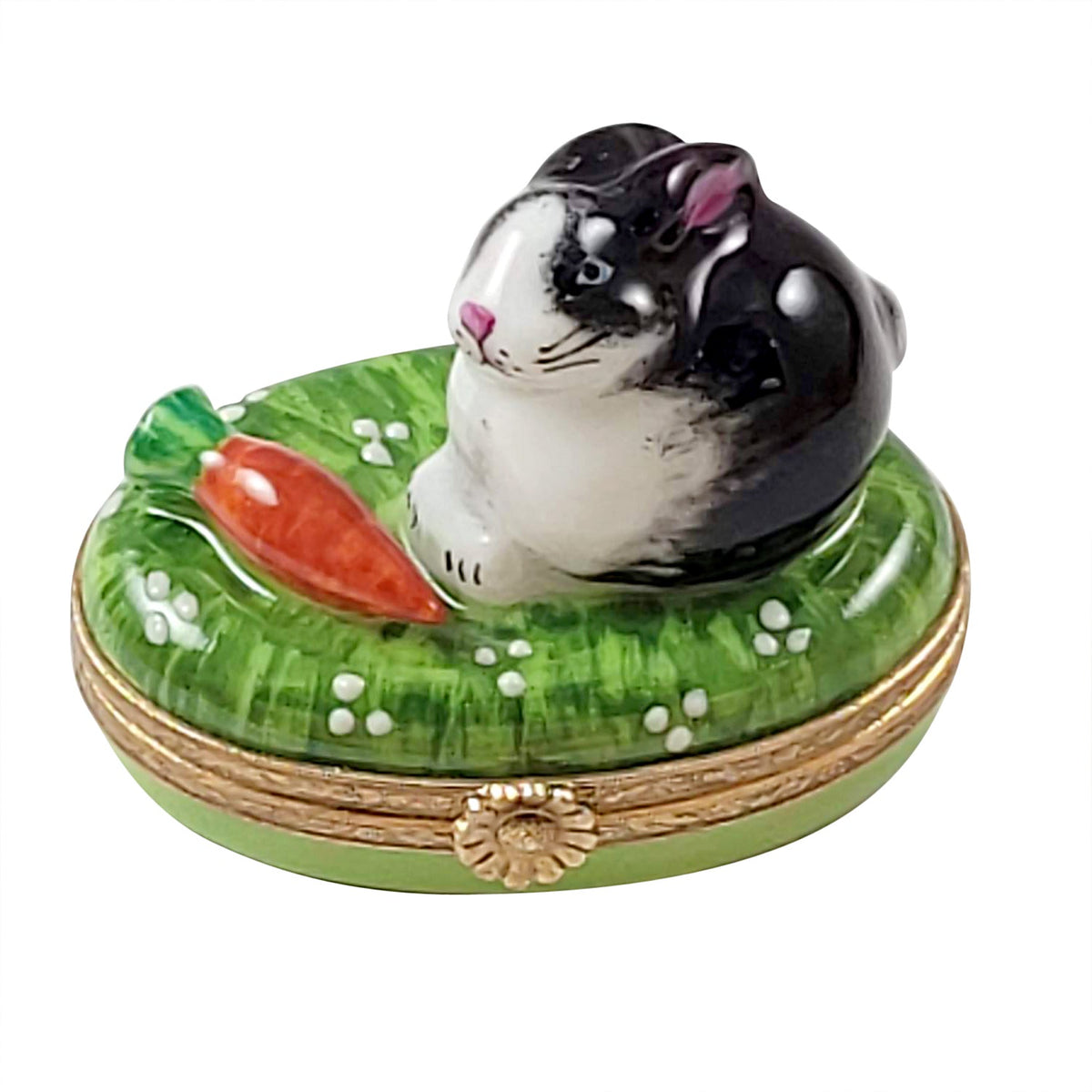 Black and White Rabbit w Carrot Limoges Box Collectible, a hand-painted Limoges porcelain gift