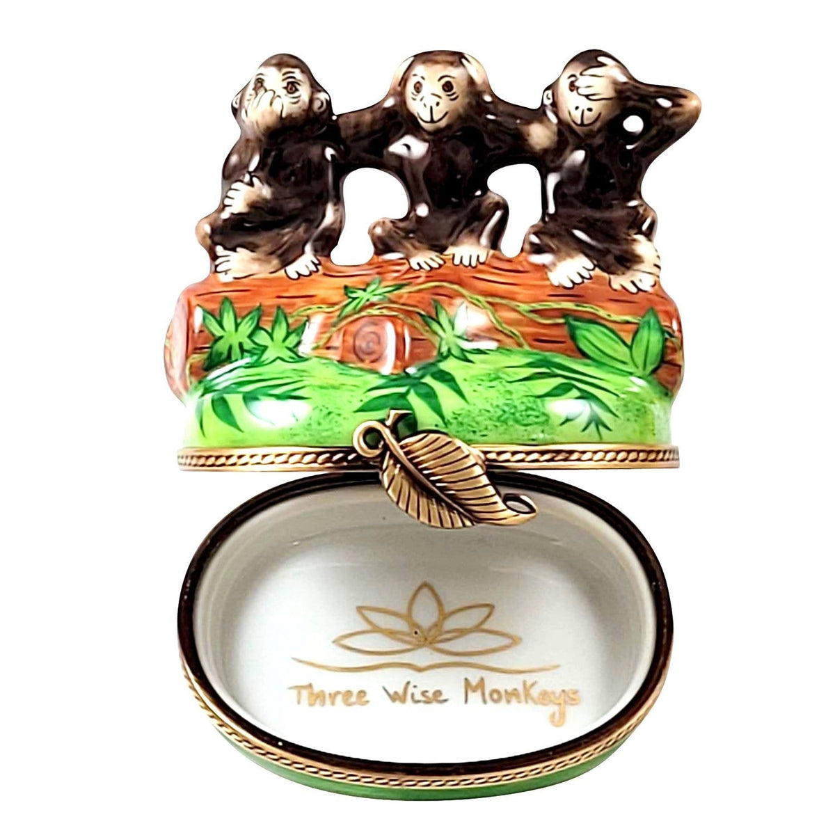 3 Wise Monkeys Hear See Speak No Evil Limoges box opened to show the inside, a keepsake to tuck a treasure in
