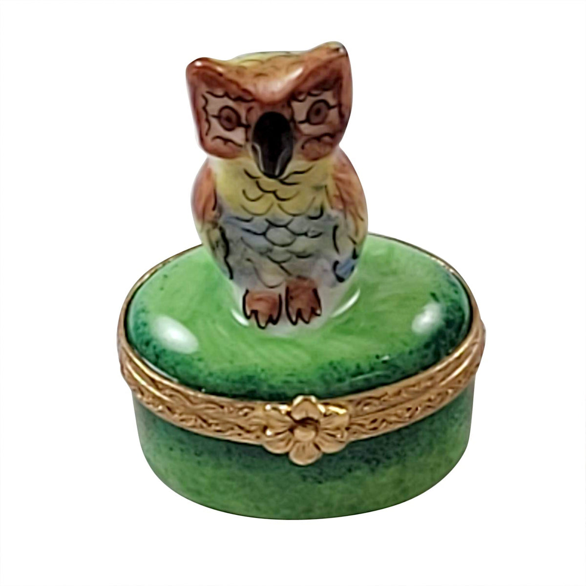 Mini Owl on Green Limoges Box for Owl Lovers Collectible, a hand-painted Limoges porcelain gift