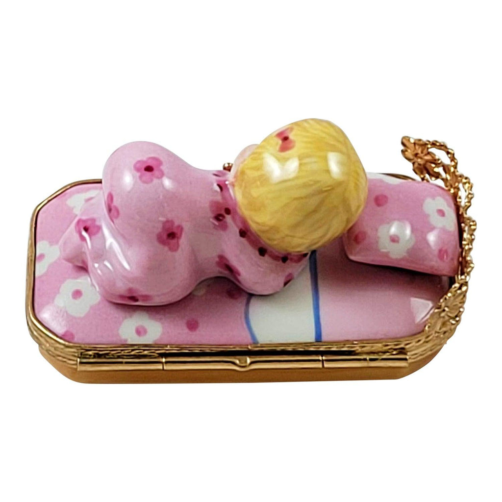 Baby in Pink Bed w Porcelain Pacifier Figurine Baby Limoges Box Gift, view 3