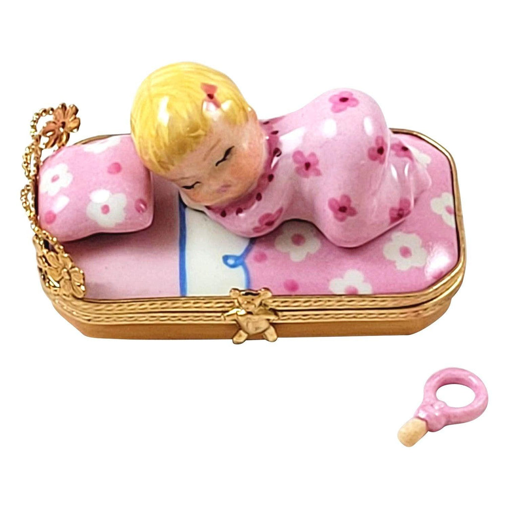 Baby in Pink Bed w Porcelain Pacifier Figurine Baby Limoges Box Gift, a hand-painted Limoges porcelain gift